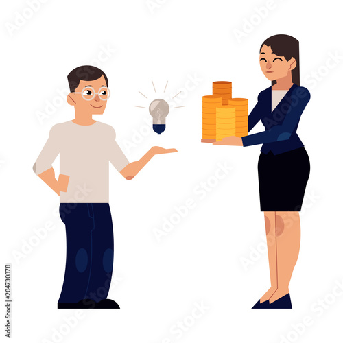 Young woman in office clothing holding golden coins columns, piles smiling, man with light bulb. Female cute character and symbol of money, finance and success. Vector flat isolated illustration