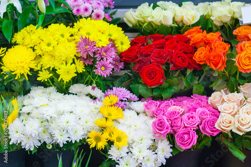 Rows of colorful bouquets in the flower shop