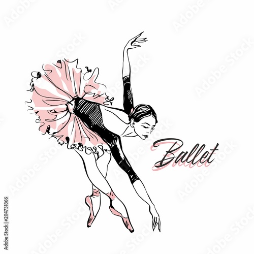 Ballerina in pink ballet tutu. Dancer in a beautiful pose. Ballet. Inscription. Vector illustration.