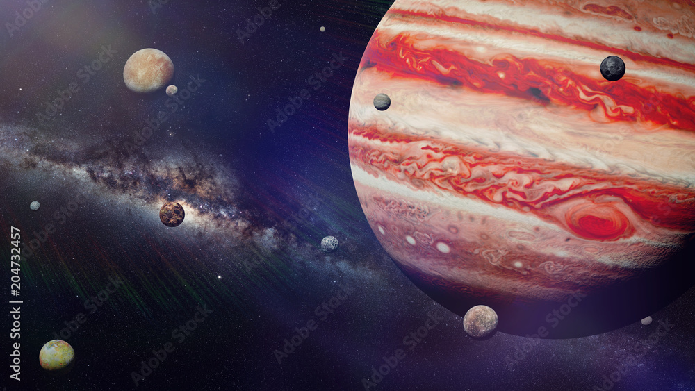 Fototapeta premium planeta Jowisz z niektórymi z 69 znanych księżyców oświetlonych przez Słońce i galaktykę Drogi Mlecznej