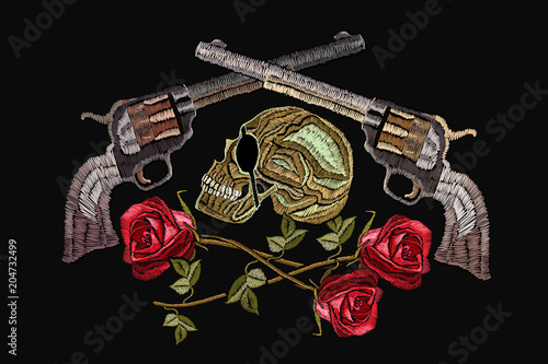Embroidery skull, crossed guns and roses. Template for clothes, textiles, t-shirt design. Criminal embroidery, pirates and revolvers