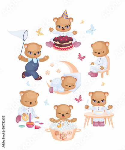 Teddy bear set in a cartoon style. Vector illustrations isolated on a white background.