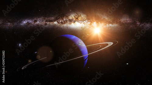 Fototapeta Naklejka Na Ścianę i Meble -  planet Neptune with its rings lit by the Sun and the Milky Way galaxy