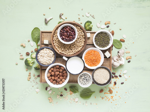 Plant protein sources. Vegan and vegetarian food concept. Flat lay.