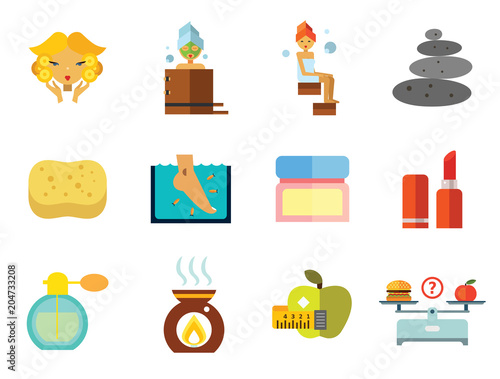 Beauty Icon Set. Woman With Curls Diet Concept Aroma Lamp Face Cream Fish Peeling Products On Scales Lipstick Sponge Stone Therapy Perfume Woman With Mudpack On Face Woman In Bath Woman In Steamroom