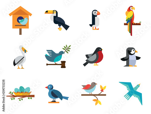 Birds Icon Set. Birdhouse Nest With Eggs Bullfinch Bird Sitting On Branch Blue Bird Dove With Olive Twig Flying Bird Parrot Pelican And Fish Titmouse Toucan Puffin Penguin