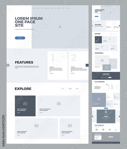 One page website design template for business. Landing page wireframe. Flat modern responsive design. Ux ui website: home, features, explore, impressions, potential, blog, order, company, contacts.