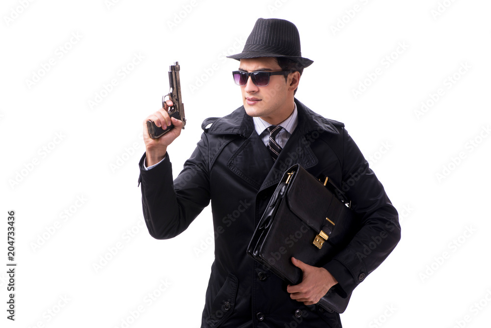 Man spy with handgun isolated on white background Man spy with handgun isolated on white background