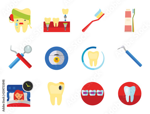 Dental Icon Set. Toothache Tooth Implant Dental Floss Interdental Brush Caries Braces Dental Care Insomnia Healthy Tooth Stomatology Tooth Brush Toothpaste