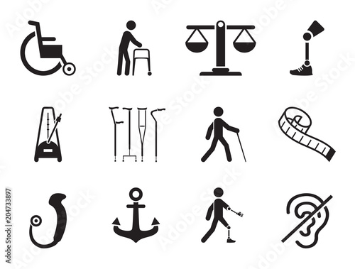 Disabled icons set with wheelchair, prosthesis and crutches. Thirteen simple icons