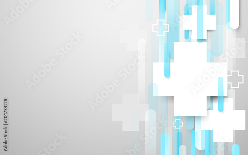 Medical cross sign and abstract white and blue rectangles background