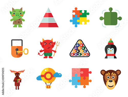 Gamification Icon Set. Circle Puzzle Moose Monkey Face Penguin Padlock And Key Puzzle Element Stacked Pyramid Air Balloon Billiard Balls In Triangle Jigsaw Puzzle Cartoon Devil Green Troll