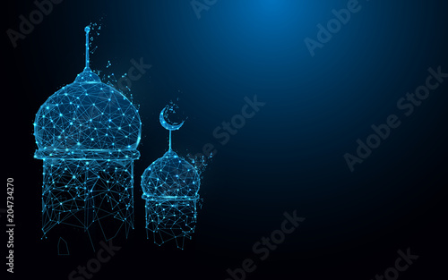 Mosque element form lines and triangles, point connecting network on blue background. Illustration vector