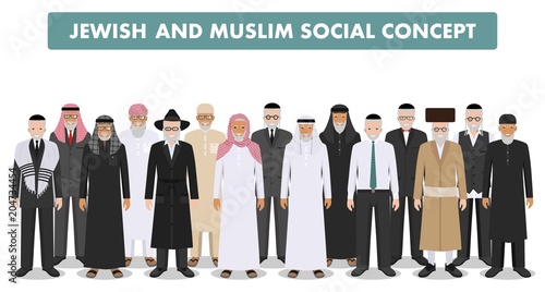 Muslim and jewish social concept. Group old people standing together in different traditional clothes in flat style. Israeli and arabic man in the national dress. Vector illustration.