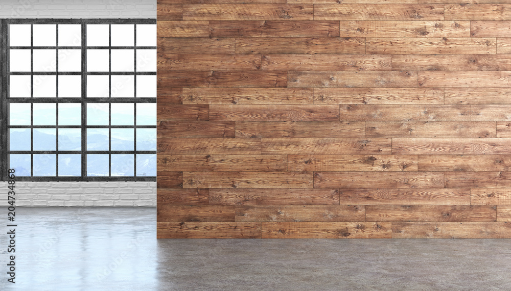 © YKvisual - Loft wood empty room interior with concrete floor, window and brickwall. © YKvisual - Loft wood empty room interior with concrete floor, window and brickwall.