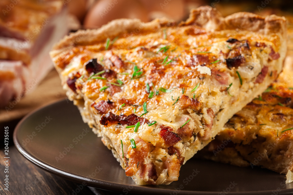 Pieces of quiche lorraine with bacon and cheese Pieces of quiche lorraine with bacon and cheese