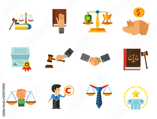 Law Icon Set. Copyright Hand With Gavel Scales Law Concept Scales With Cup And Shield Corruption Civil Rights Business Law Piggy Bank Lawyer Sign Law Shield Justice Patenting