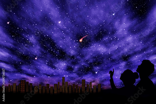Couple looking at stars in the purple clouds on the background of night city