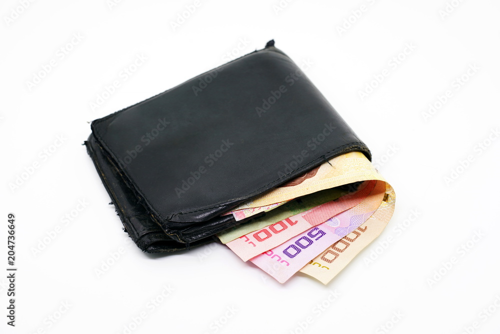 Old wallet with banknote on isolate background Old wallet with banknote on isolate background