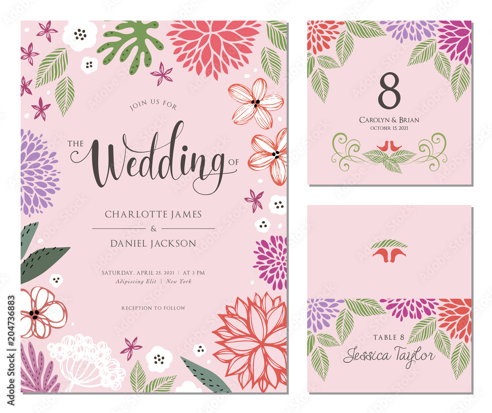 Wedding invitation, table number and name place card design. 