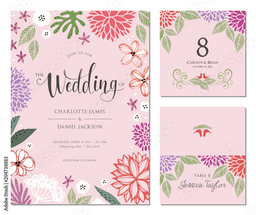 Wedding invitation, table number and name place card design. 