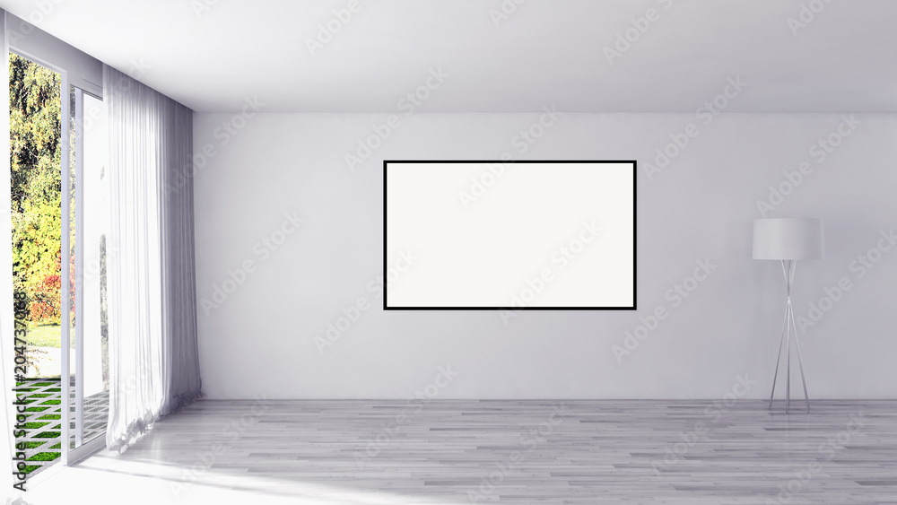 Modern bright interiors apartment with mockup poster frame 3D rendering Modern bright interiors apartment with mockup poster frame 3D rendering