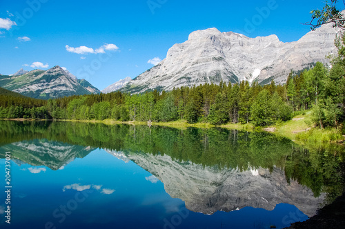 a lake with the mountain reflection on the water photo