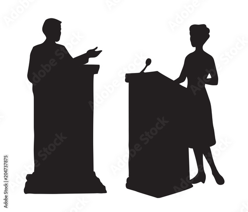 Speaker at podium. Vector drawing