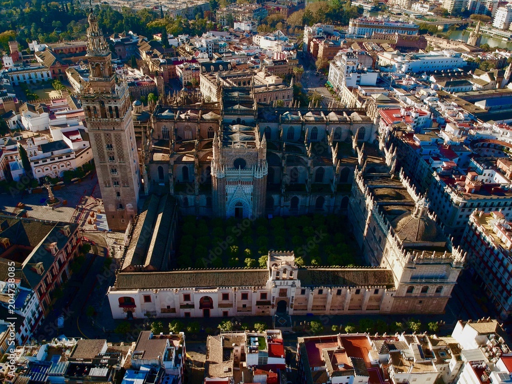 Cathedral of Sevilla, Gibralda and orange tree courtyard  from the sky