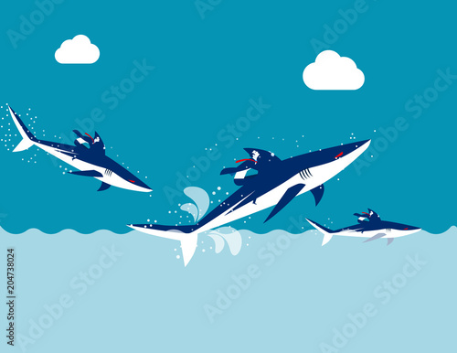 Competition, Business team ride shark, Concept business vector illustration, Flat design, Cartoon character style.