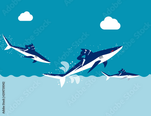 Competition, Business team ride shark, Concept business vector illustration, Flat design, Cartoon character style.