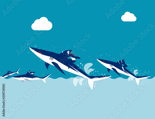 Competition, Business team ride shark, Concept business vector illustration, Flat design, Cartoon character style.