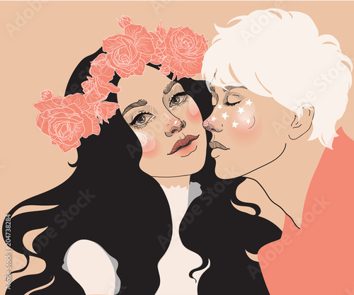 vector beautiful young couple, the guy kisses the girl on the cheek gently, the wedding