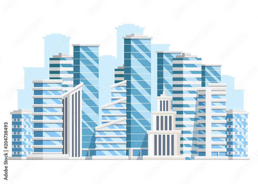 Group of skyscrapers. Business building collection. City design elements. Vector illustration on white background. Web site page and mobile app design