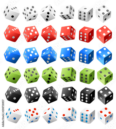 Vector casino dice set of authentic icons. Red, black, green, blue and white poker cubes. Several positions. Vector illustration isolated on white background