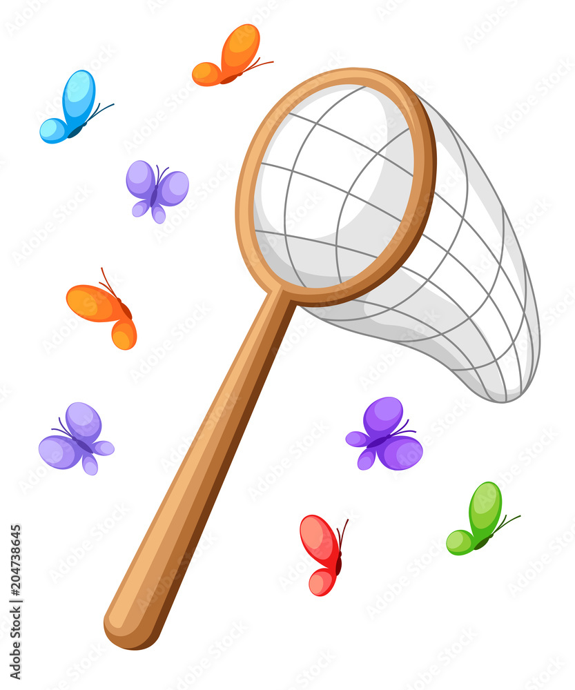 Butterfly net and colorful butterflies. Classic net design, wooden handle.  Vector illustration isolated on white background Stock Vector