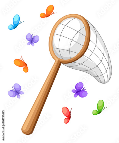 Butterfly net and colorful butterflies. Classic net design, wooden handle. Vector illustration isolated on white background