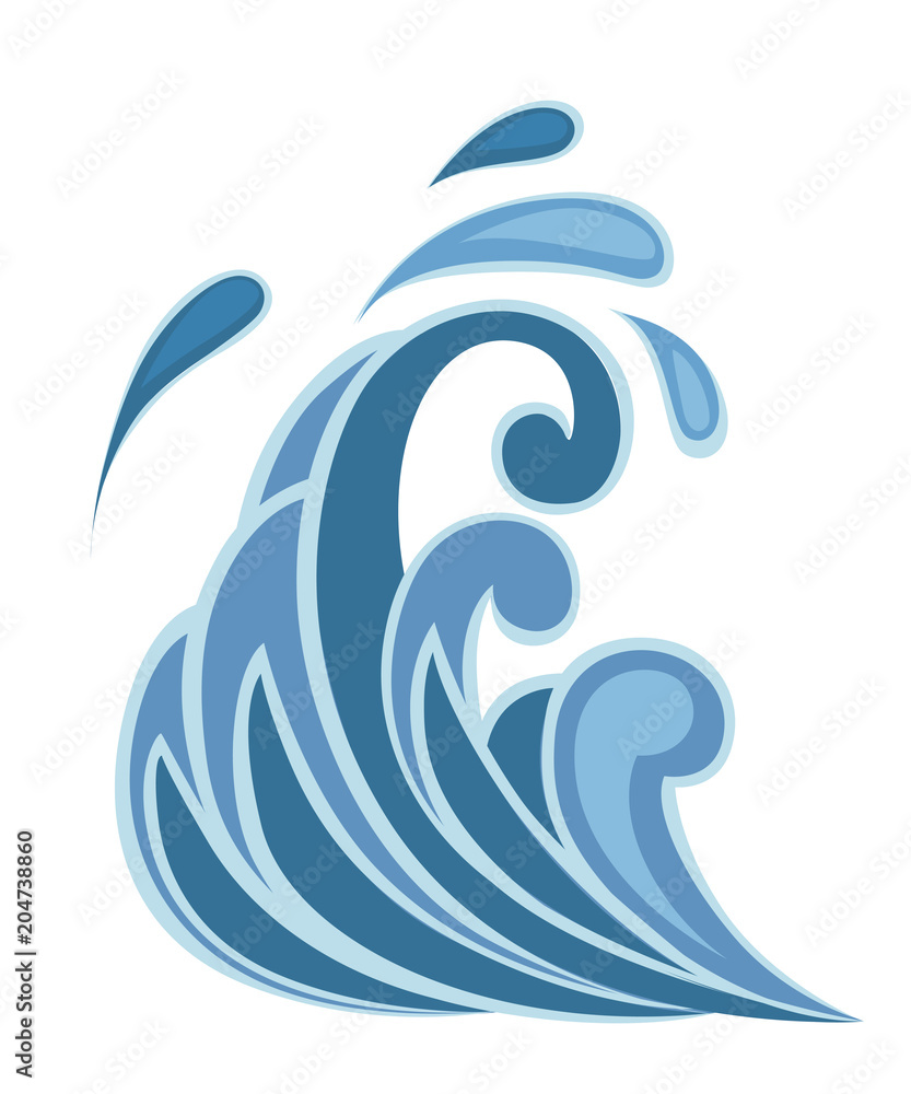 Stormy sea blue wave icon with water splashes and swirling drop. Nature or marine design. Flat style. Vector illustration isolated on white background Stormy sea blue wave icon with water splashes and swirling drop. Nature or marine design. Flat style. Vector illustration isolated on white background