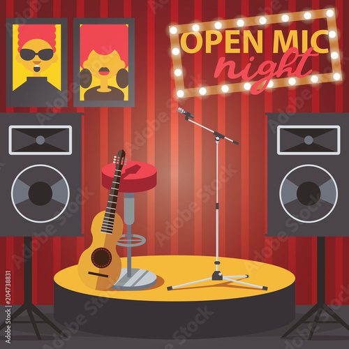 Scene with open mic, guitar, microphone and audio speakers. Square composition of club interior