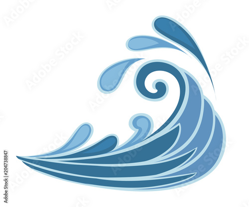Stormy sea blue wave icon with water splashes and swirling drop. Nature or marine design. Flat style. Vector illustration isolated on white background