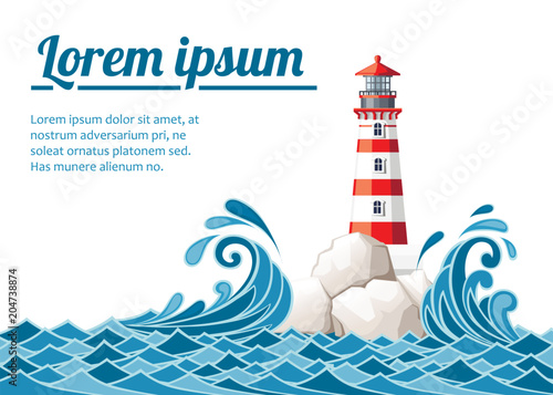 Stormy sea with lighthouse on rock stones island. Nature or marine design. Flat style. Vector illustration on white background with place for your text
