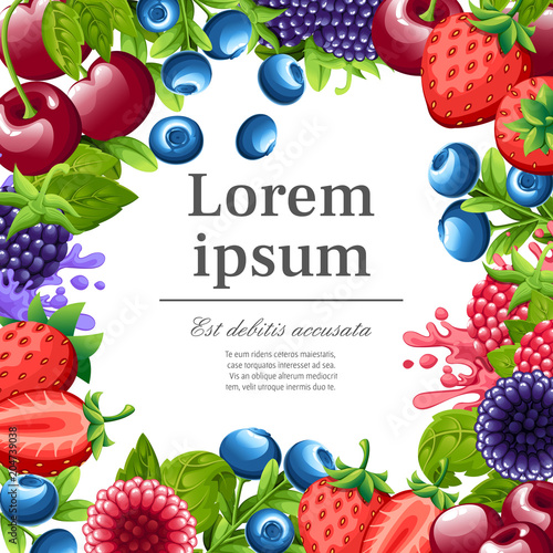 Pattern of sweet berries. Illustration with strawberry  cherry  raspberry  blackberry and blueberry. Berries with green leaves. Vector illustration for decorative poster. Place for your text