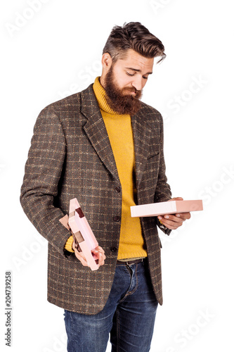 man with gift box. human emotion expression and office, business, finances concept. image isolated white background.