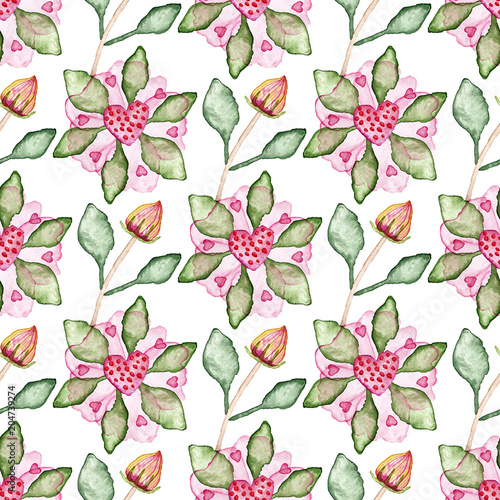 Seamless pattern with hibiscus flowers, buds, leaves and hearts.