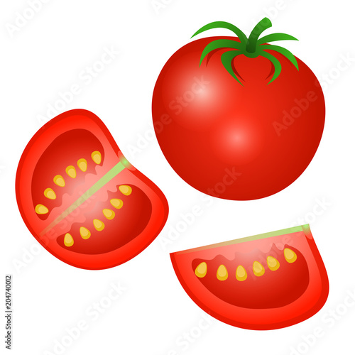 Vector illustration of a tomato, half of a tomato and a slice isolated on white background.