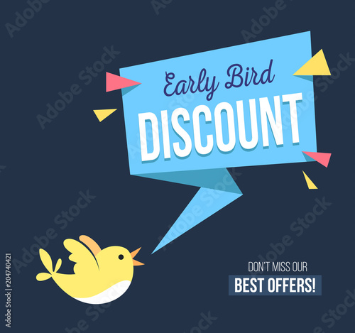 Early bird discount banner with cute bird and geomethic shapes. Promotional design template on blue background with doodles. Vector illustration