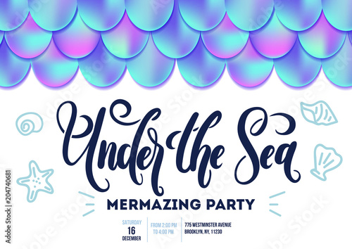 Mermaid Party invitation card with rose gols seashell and lettering. Elegance design template for birthday, anniversary, summer party etc. Sparkling vector sea elements on navy blue background.