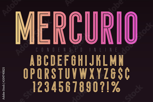 Mercurio inline font, typeface, alphabet. Condensed original typeset