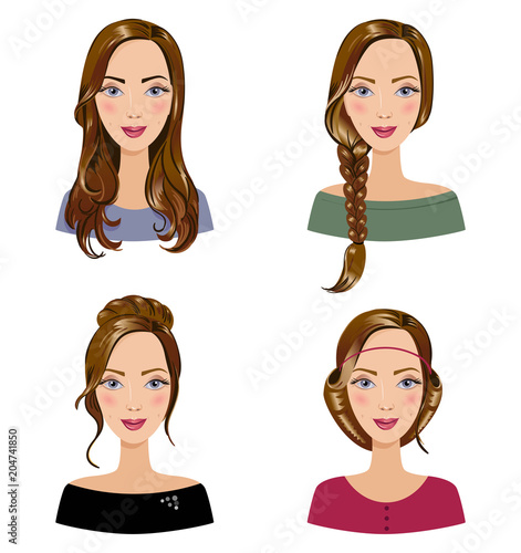 Different types of female hair styles. Set of beautiful young girls with various hairstyle. Women's portraits on a white background.