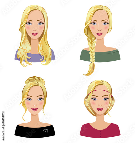 Different types of female hair styles. Set of beautiful young girls with various hairstyle. Women's portraits on a white background.